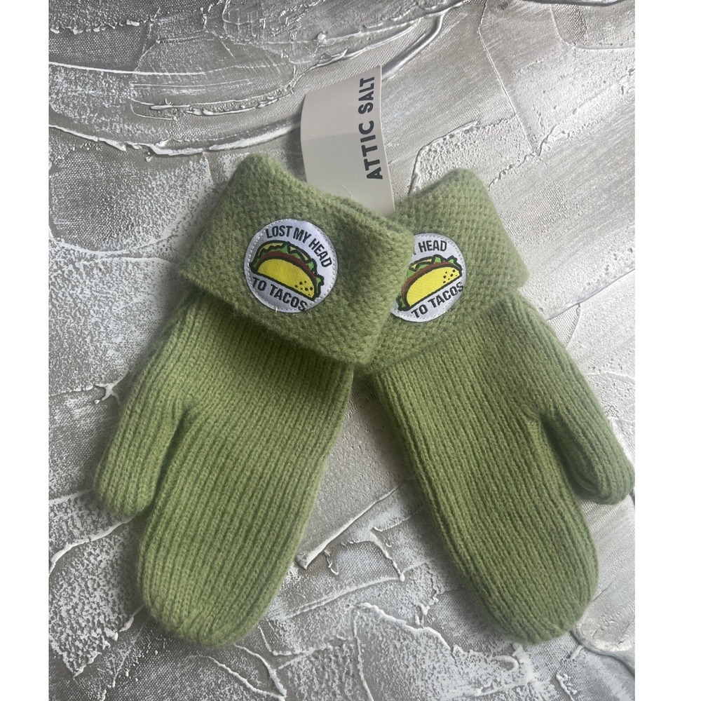 New Attic Salt "I lost my head to tacos" Green Knit Mittens Unisex Gloves NWT